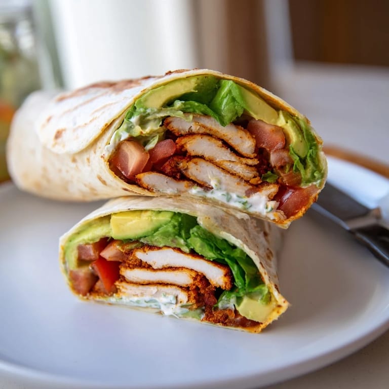 Smoky Chipotle Chicken Wrap filled with marinated grilled chicken, fresh romaine, and diced tomatoes, cut in half to show the colorful, layered ingredients.