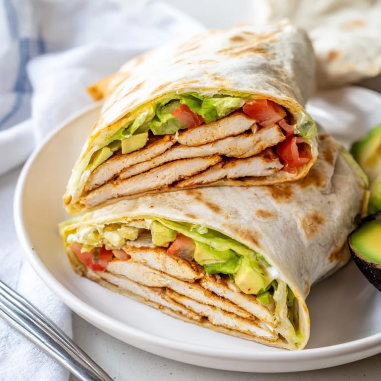 A vibrant Smoky Chipotle Chicken Wrap on a rustic wooden board, featuring juicy chicken, red onion slices, and a luscious yogurt-lime drizzle.