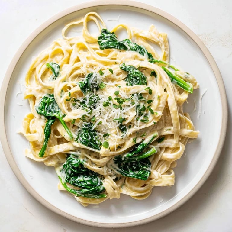 A steaming skillet of Creamy Garlic Spinach Pasta with wilted greens and rich, velvety sauce ready to serve.