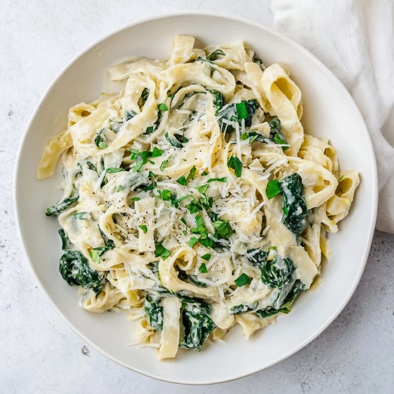 Close-up of Creamy Garlic Spinach Pasta twirled on a fork, showcasing the luscious garlic cream coating the fettuccine.