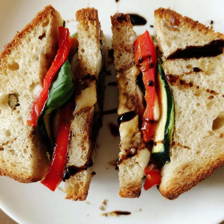 A close-up of a golden-grilled sandwich stuffed with roasted veggies and Caprese ingredients highlights the gooey cheese pull in this Roasted Veggie Caprese Grilled Cheese.