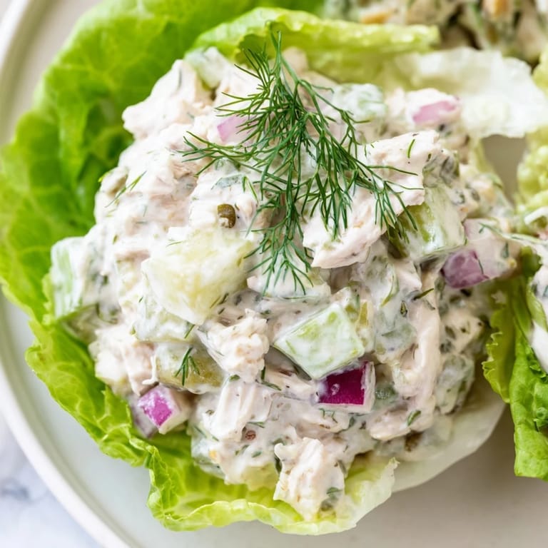 Savory shredded chicken with crunchy pickles and red onion, served in tender lettuce for a light bite.