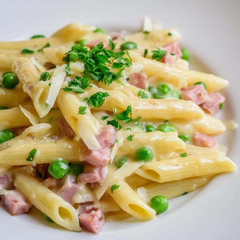Overhead view of Spring Pea & Ham Pasta featuring golden ham pieces, vibrant peas, and a luscious cream sauce clinging to each penne noodle.