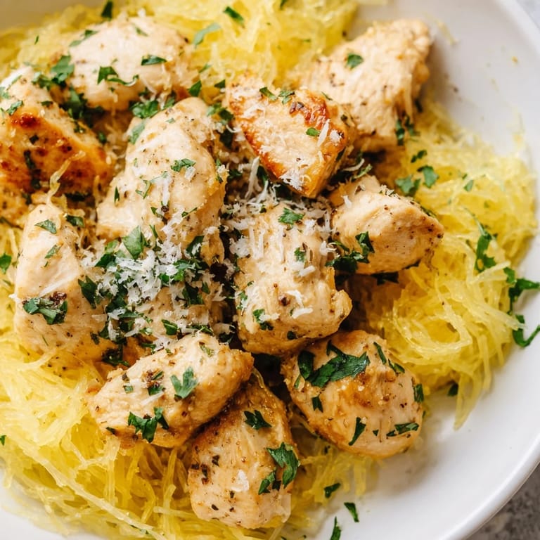 A healthy, gluten-free main dish features bright lemon zest, sautéed garlic chicken, and fork-tender spaghetti squash on a rustic plate.