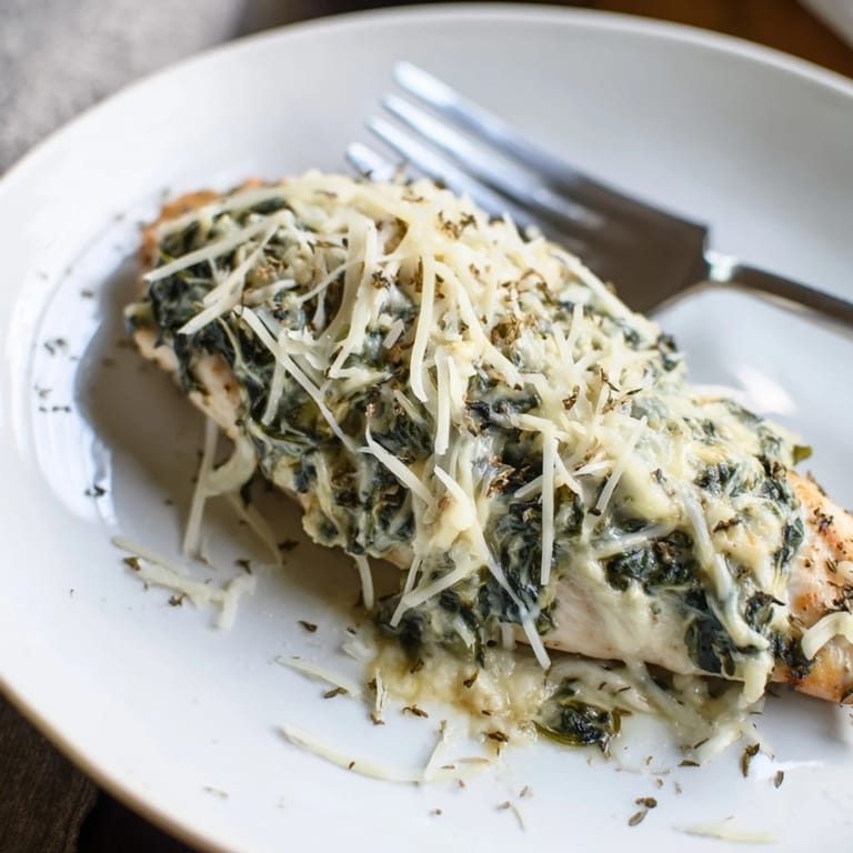 A close-up view shows the creamy spinach and artichoke chicken bake with herbs and red pepper flakes, perfect for weeknight dinners.