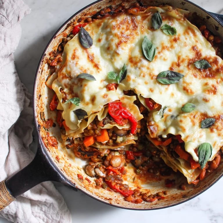 A single skillet of One-Pan Smoky Veggie Lentil Lasagne showcases golden edges, molten cheese, and vibrant red lentils peeking from beneath the sauce.  