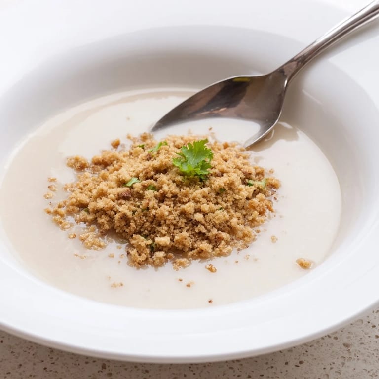 Celeriac soup with hazelnut crumble garnish, creamy white soup base, and nutty toasted hazelnuts, inviting for a cozy vegetarian meal.