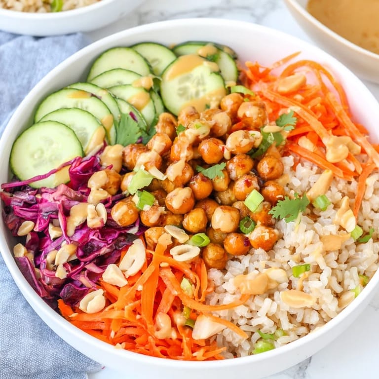 Spoon drizzling creamy peanut dressing over a warm Peanut Chickpea Rice Bowl for a flavorful finish.