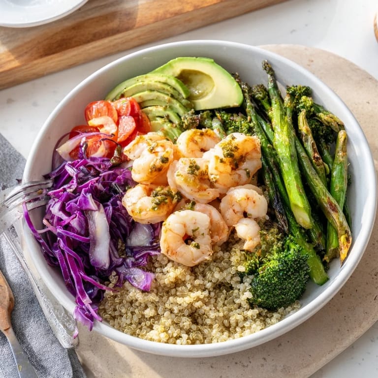 Detox Buddha Bowl with Shrimp and Quinoa, a wholesome plate ready to serve with fresh herbs and lemon wedges.