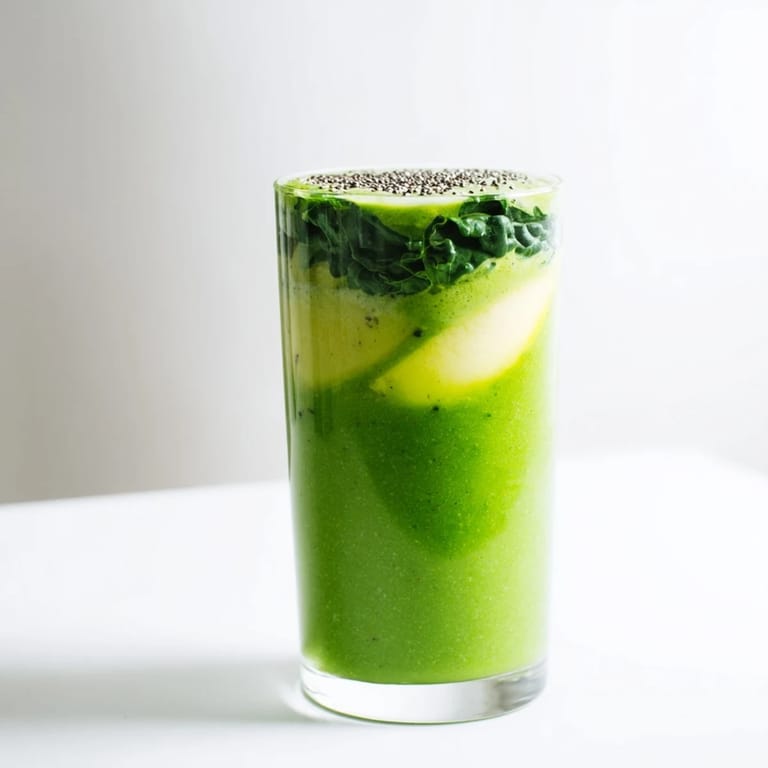 This homemade vegan green detox smoothie features chunks of apple and banana, blending into a creamy, nutrient-packed drink.