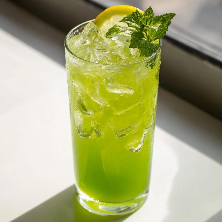 Overhead view of two tall glasses of refreshing Celery Ginger Lemon Juice garnished with celery stalks and lemon wheels on a wooden table.