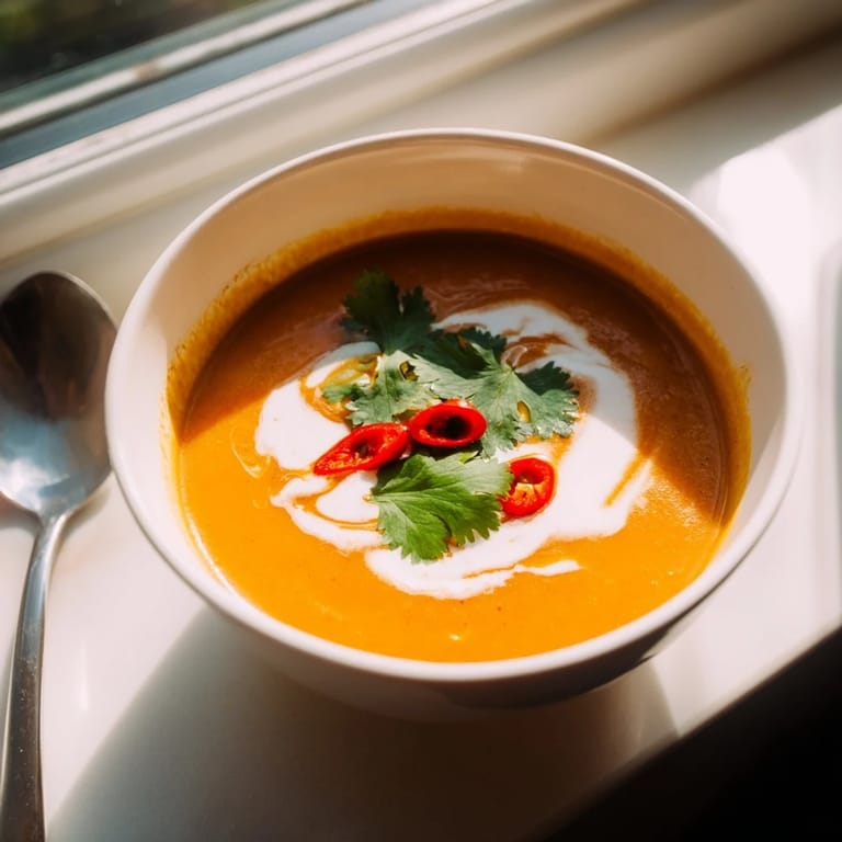 Close-up of vibrant carrot, celeriac, and chilli soup, with steam rising from the spiced broth and a side of gluten-free bread.  