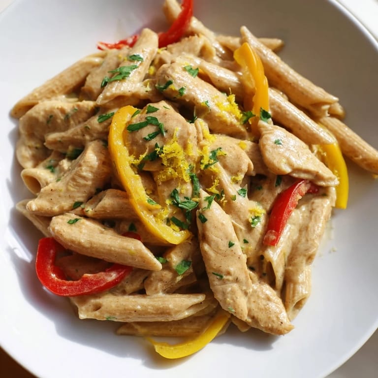 A skillet of Creamy Cajun Chicken Pasta Lite features golden chicken strips tossed with al dente pasta in a spicy, creamy sauce.