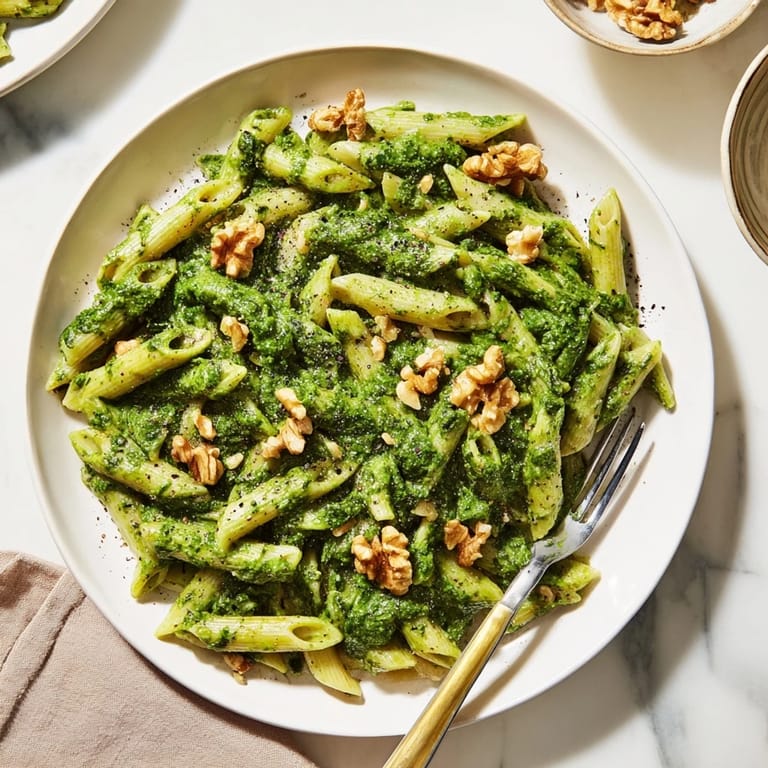 Savory Creamy Spinach Walnut Pasta in a skillet, ready to be served with lemon wedges and fresh spinach leaves.