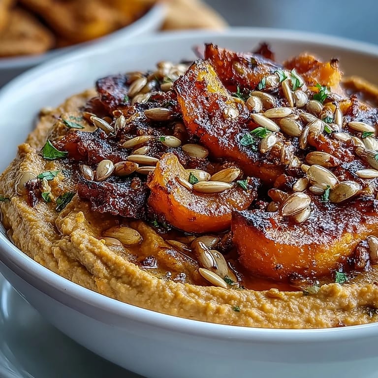 Creamy butter bean hummus topped with tender roasted vegetables, a hearty winter salad.