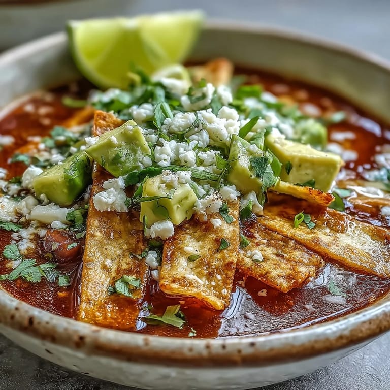 Vibrant Sopa Azteca broth poured over golden tortilla chips, finished with chopped cilantro and creamy avocado for a fresh finish.