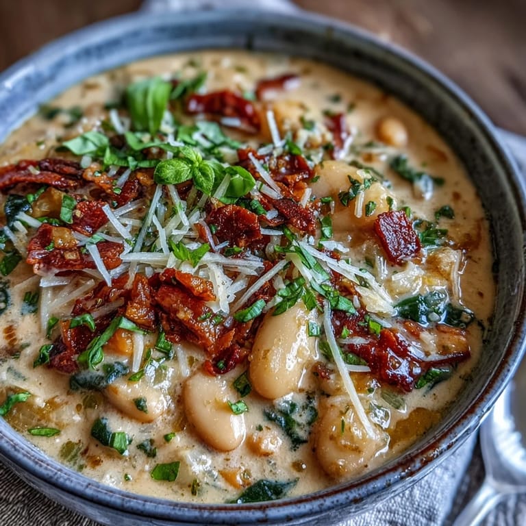 Savory Creamy Tuscan White Bean Soup with sun-dried tomatoes and Parmesan, served alongside crusty bread for dipping.