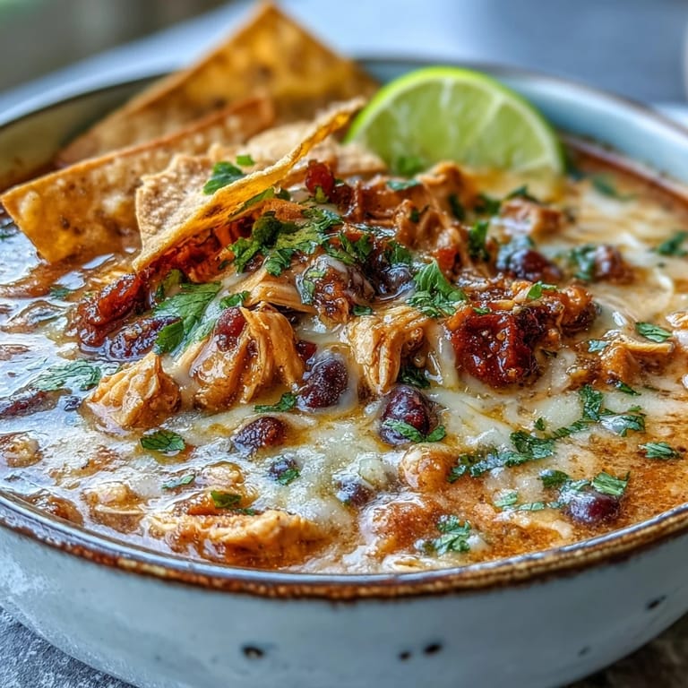 Hearty Easy Chicken Tortilla Soup topped with crispy tortilla strips, fresh cilantro, and a lime wedge.