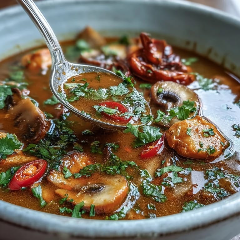 Fragrant Thai Coconut Curry Soup garnished with chili slices and cilantro, served alongside fresh lime wedges.