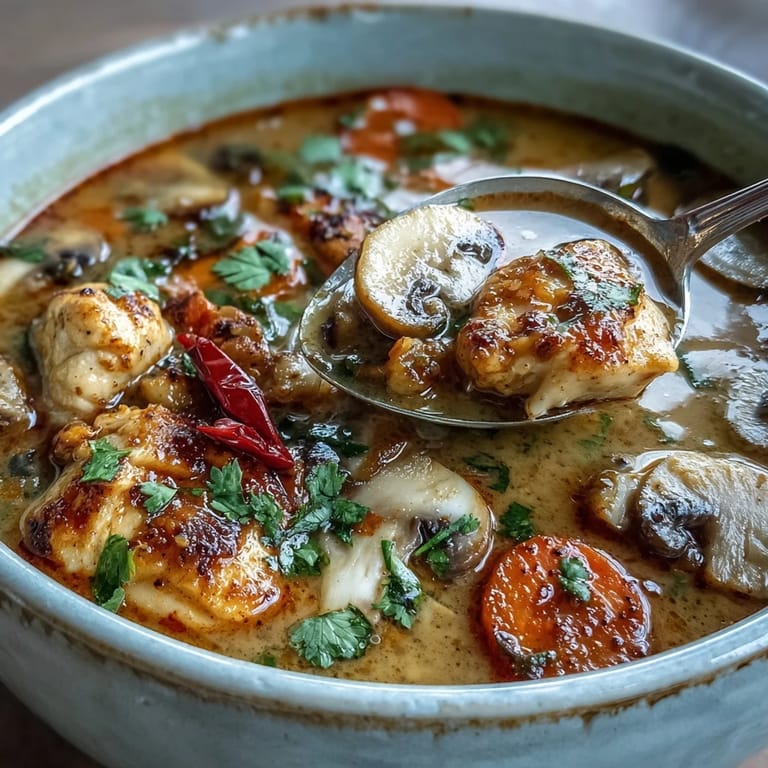 Creamy Thai Coconut Curry Soup in a white bowl, featuring tender chicken and jasmine rice in red curry broth.