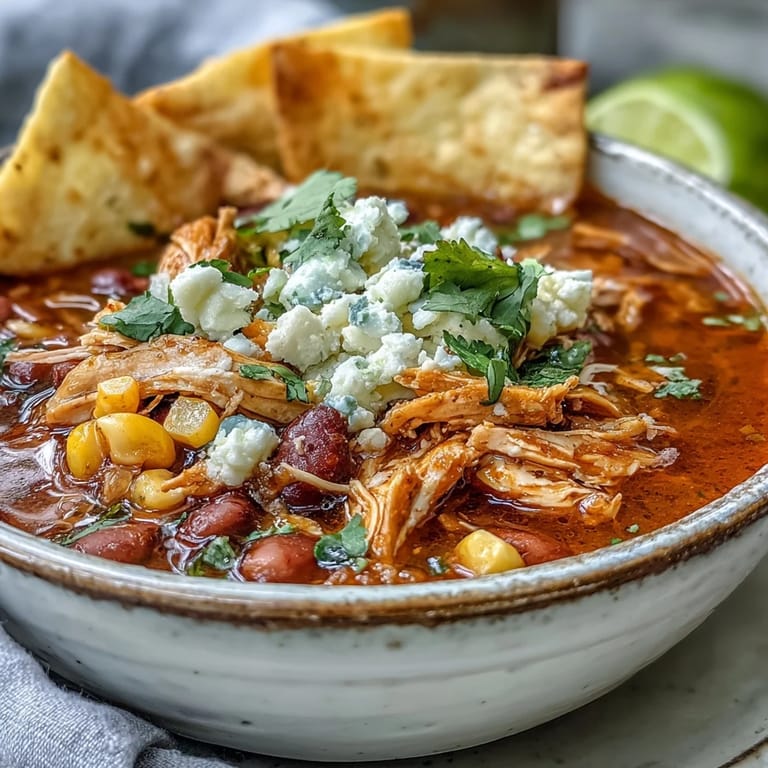 Ladle of hearty Chicken Tortilla Soup with tender shredded chicken, pinto beans, and melty cotija cheese.