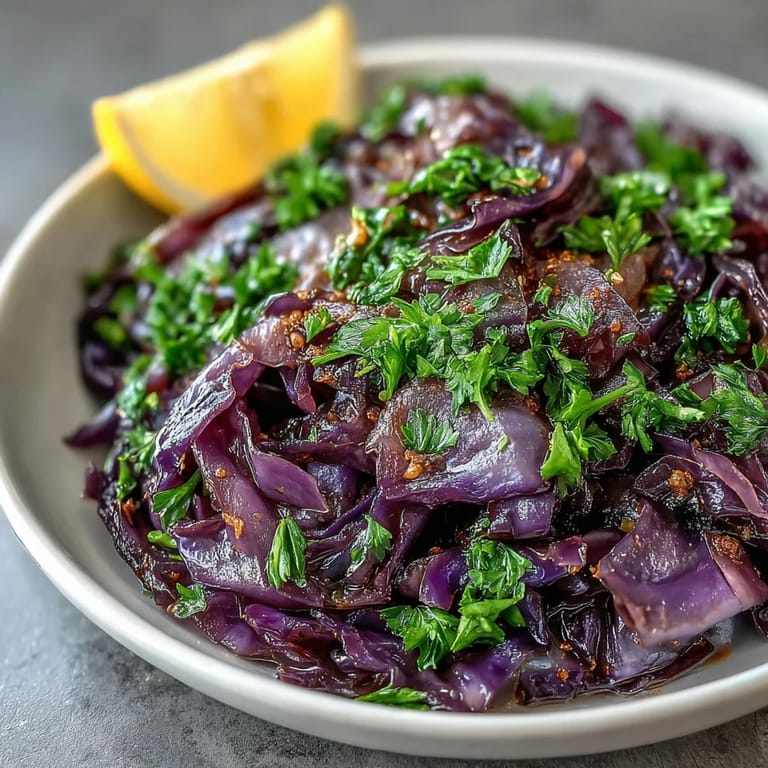 Bright bowl of Sautéed Cabbage With Garlic and Mediterranean Spices with chopped parsley and lemon wedges, vegan side dish with a hint of red pepper flakes.
