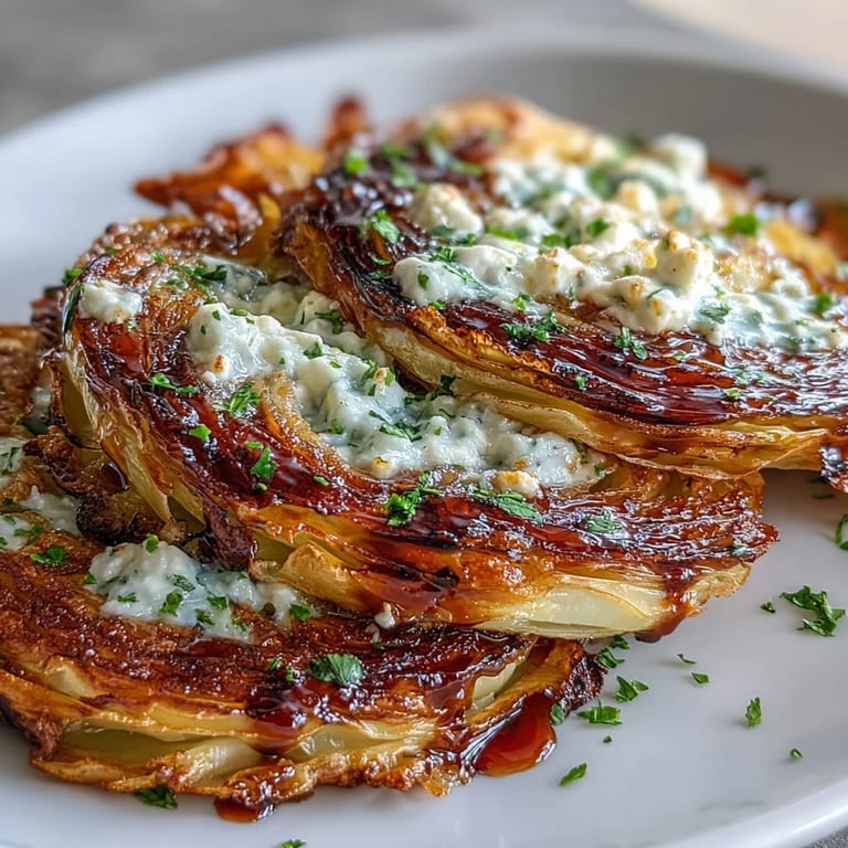 Serving Crispy Cabbage Steaks With Feta and Balsamic as a Mediterranean side dish garnished with fresh parsley.