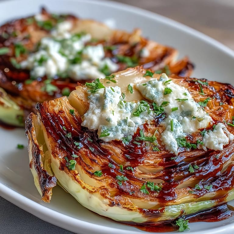 Close-up of Crispy Cabbage Steaks With Feta and Balsamic showing caramelized edges and creamy crumbled cheese topping.