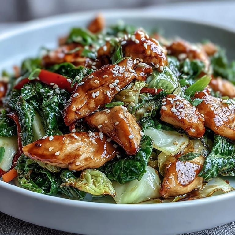 A close-up of tender chicken and crunchy cabbage coated in umami-rich sauce, ready to be served over a fluffy bowl of steamed jasmine rice.