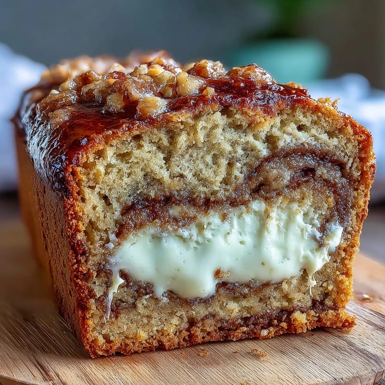A golden loaf of Cream Cheese Cinnamon Swirl Banana Bread sits on a marble board, offering a perfect breakfast or snack treat.
