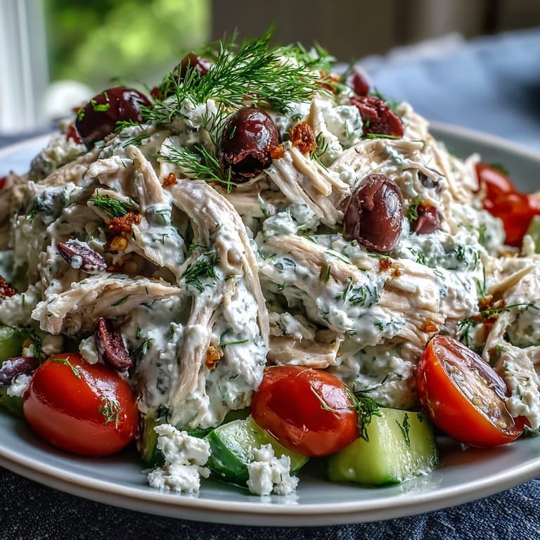 Easy Mediterranean Tzatziki Chicken Salad featuring diced avocado and red onion mixed into a creamy sauce.