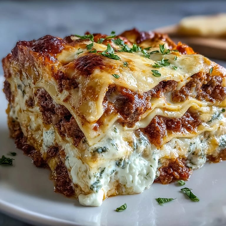 Steaming Italian lasagna slices served on a white plate with fresh basil garnish.