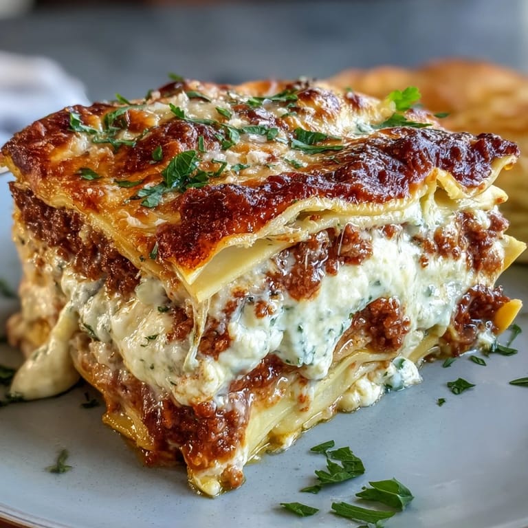 Close-up of uncooked Worlds Best Lasagna layers with pasta noodles, meat sauce, and cheeses.
