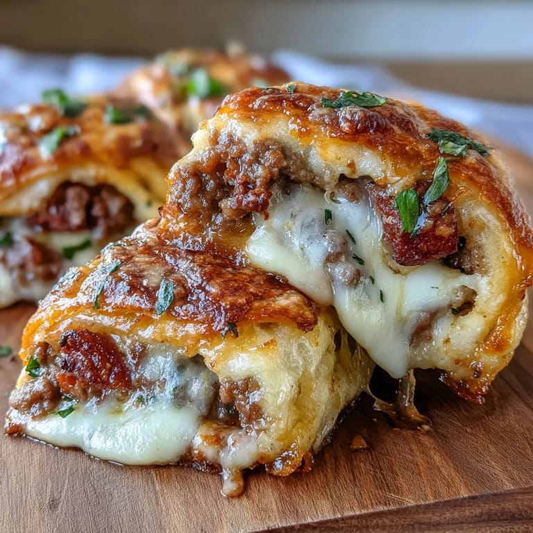 Sliced Irresistible High Protein Pepperoni Pizza Rolls revealing layers of pepperoni, beef, and gooey cheese, served with a side of marinara.
