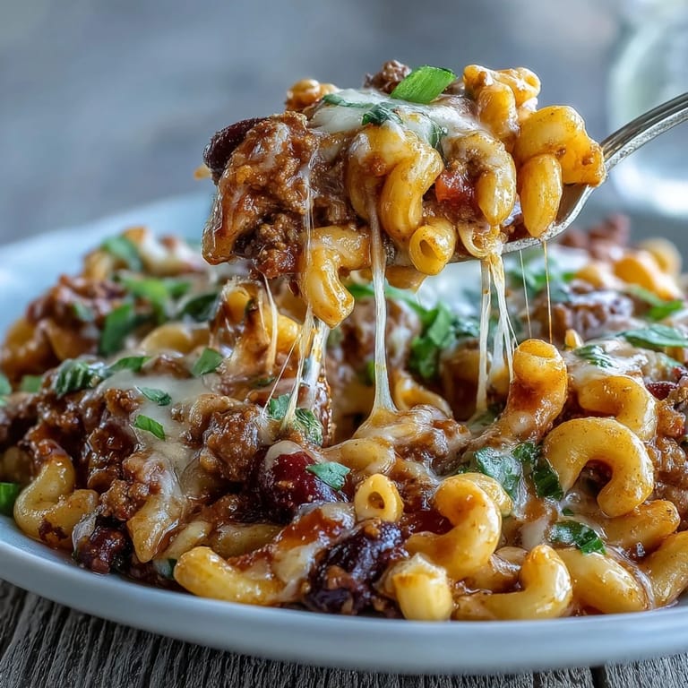Hearty One-Pan High Protein Chili Mac with melted cheddar and black beans in a skillet, garnished with green onions.