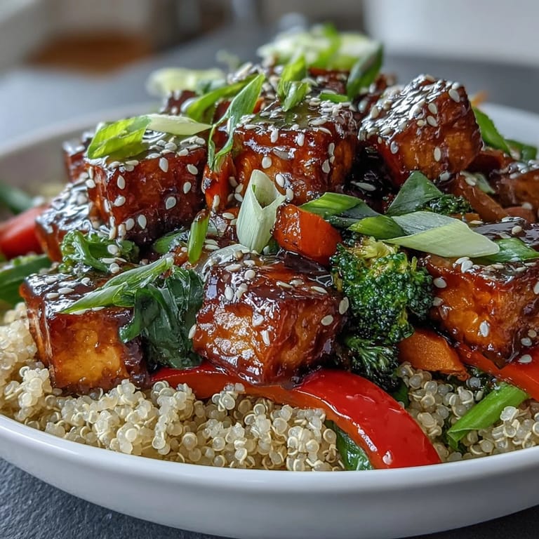 A rustic wooden table holds a warm Quinoa Vegetable Teriyaki Bowl, garnished with fresh scallions and served alongside chopsticks for an authentic meal.