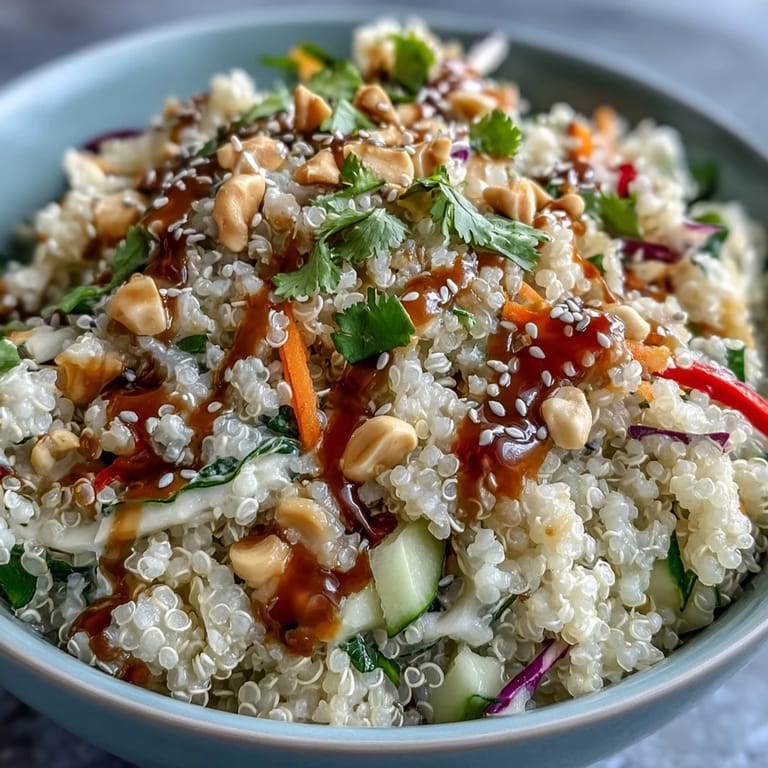 Colorful shredded carrots, purple cabbage, and crisp vegetables top the fluffy quinoa in a white bowl.