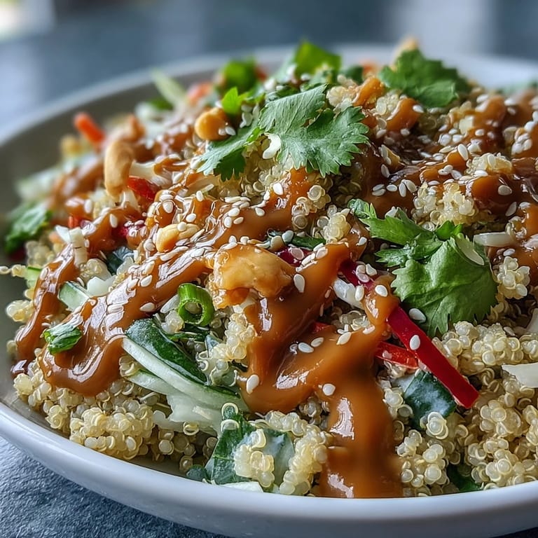 Peanut dressing drizzled over a vibrant Thai Coconut Quinoa Bowl served with a fork on a wooden table.