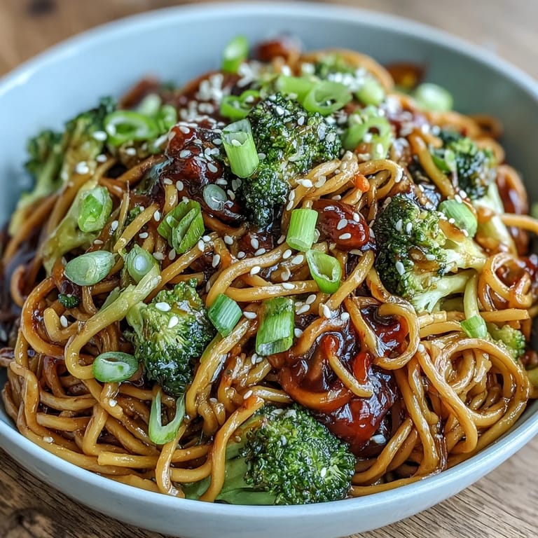 Close-up of Asian Teriyaki Noodle Bowl, saucy egg noodles with vibrant vegetables ready to enjoy.