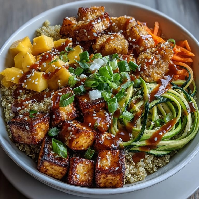 Fluffy quinoa cradles spiralized carrot noodles, crispy tofu, and juicy mango chunks in an Easy Teriyaki Quinoa Bowl.