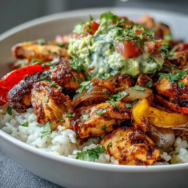 Roasted chicken thighs and colorful veggies for Sheet Pan Chicken Tinga Bowl, served with zesty lime wedges and cilantro.