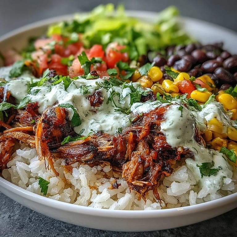 Golden, crispy carnitas top a vibrant Carnitas Burrito Bowl, featuring corn, lettuce, and zesty salsa.