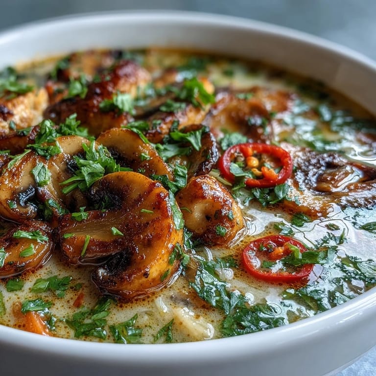 Vibrant Thai Coconut Curry Soup Bowl topped with fresh chili, spring onions, and cilantro, perfect for an easy weeknight dinner.
