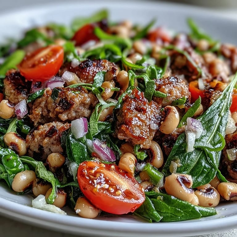 Freshly tossed Hoppin' John Style Black-Eyed Pea Salad with Turkey Sausage, featuring diced red peppers and celery for a crisp bite.