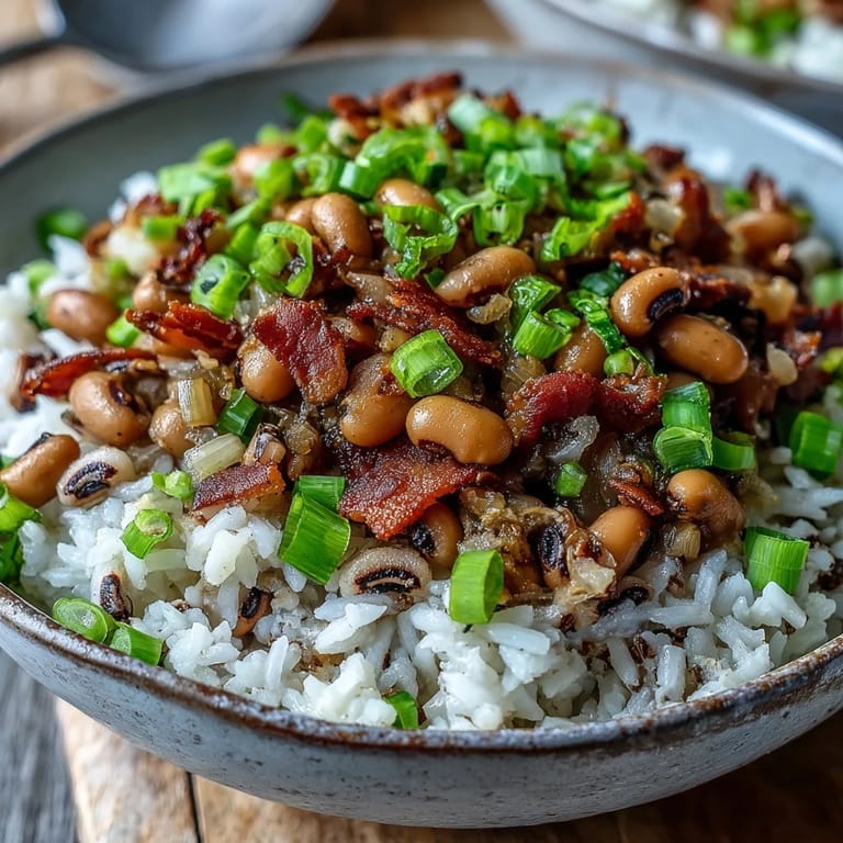 Forkful of savory Hoppin John with black-eyed peas and smoky bacon, plated beside sautéed collard greens.