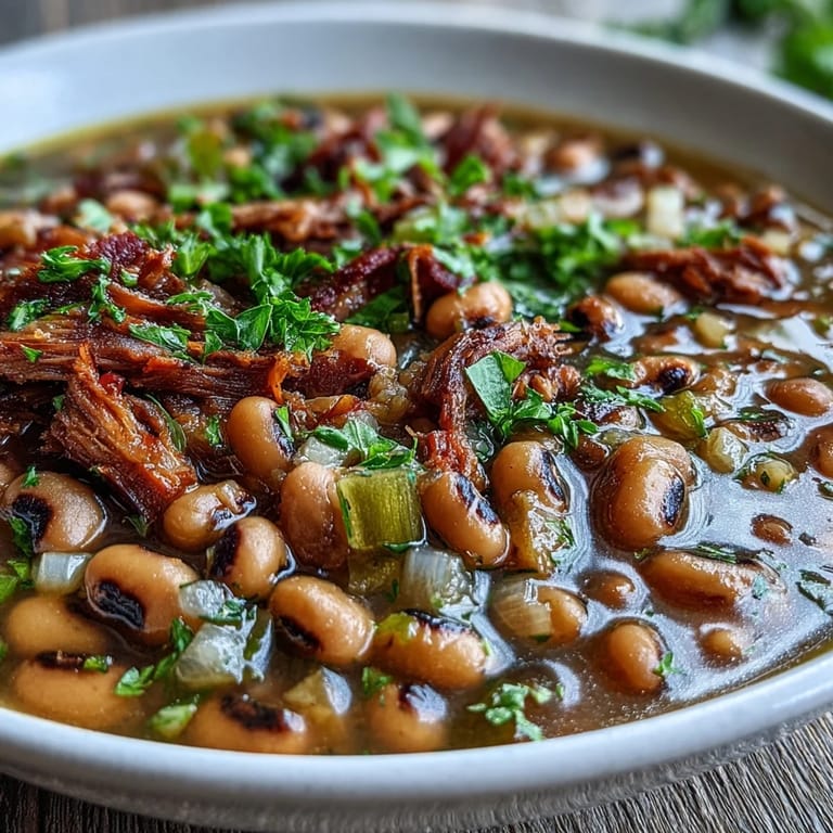 Close-up of Classic New Years Black-Eyed Peas in a rustic pot, garnished with fresh parsley and a dash of hot sauce.