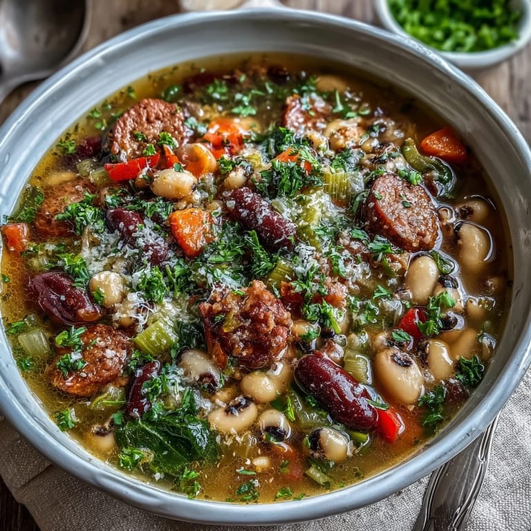 Close-up of a spoonful of Black-Eyed Peas and Sausage Soup showing sausage and beans.