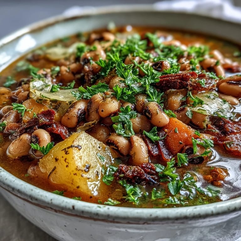 A close-up of Black-Eyed Pea Stew with Chefs Touch, garnished with fresh parsley and rustic bread on the side.