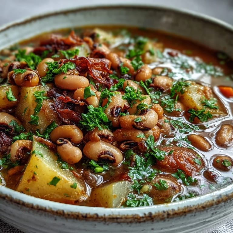 Black-Eyed Pea Stew with Chefs Touch served in a ceramic bowl, revealing colorful carrots and potatoes in the broth.