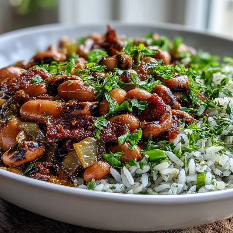 Plated Vegetarian Hoppin John served over white rice, garnished with parsley and green onions.